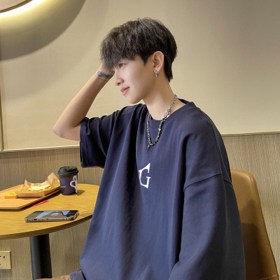 Marca de moda Otoño hombres de manga corta Camiseta de algodón de los hombres cuello redondo más tamaño de grasa suelta de manga corta azul oscuro 5 image 17