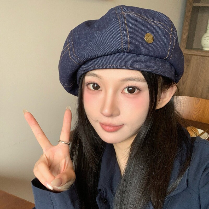 蓝色牛仔贝雷帽女2025新款春秋大头围八角帽秋冬韩系蓓蕾画家帽子|undefined