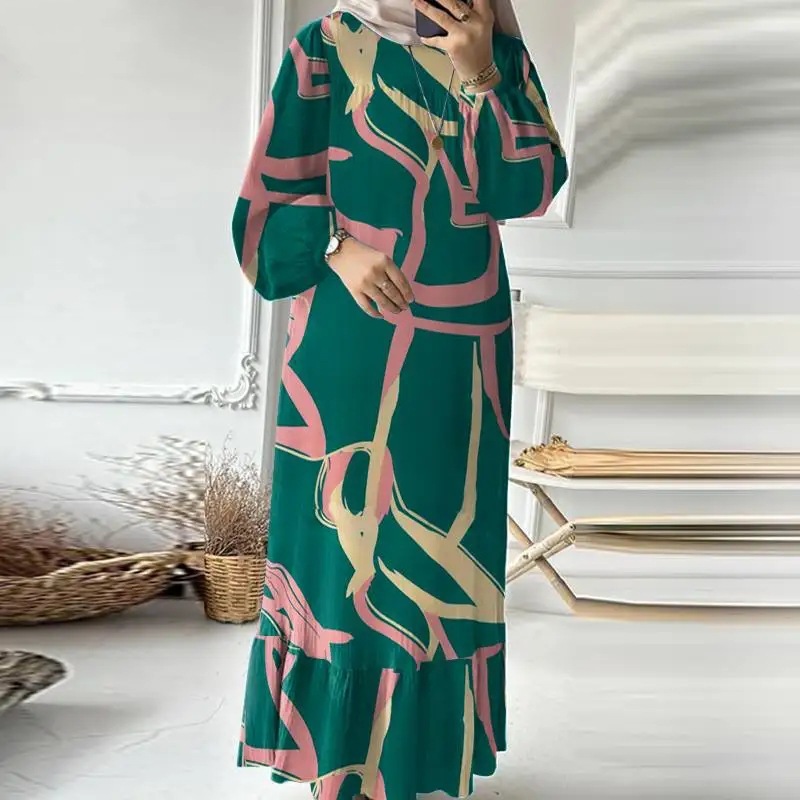 Cross-Border Muslim Women's Clothing Retro Puff Sleeve Printed Ruffle Pocket Dress Middle East Dubai Spring Autumn Abaya_ecoleips.com
