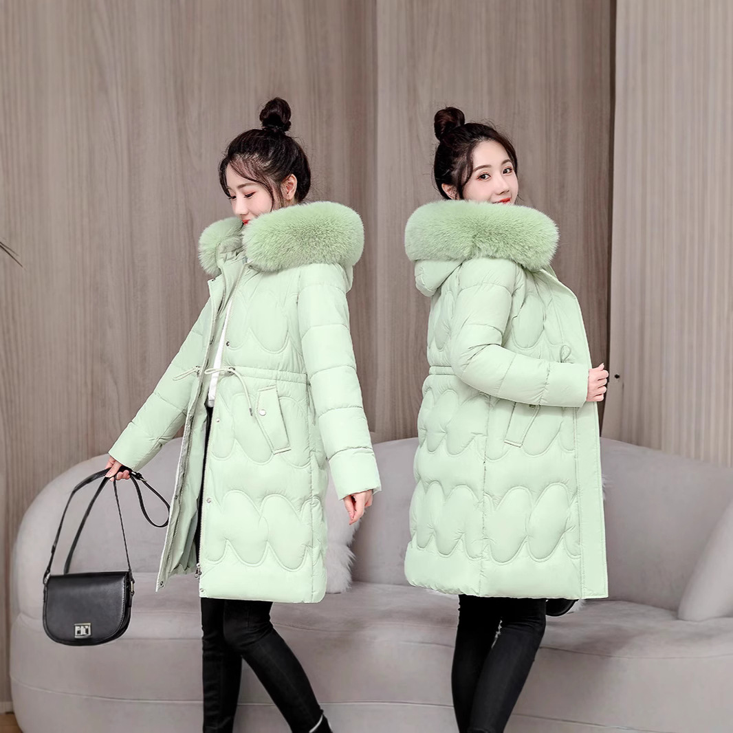 Comercio exterior 2025 nuevo algodón de invierno para mujeres largo delgado con capuzas cuello de lana de gran tamaño chaqueta de algodón chaqueta de mujer
