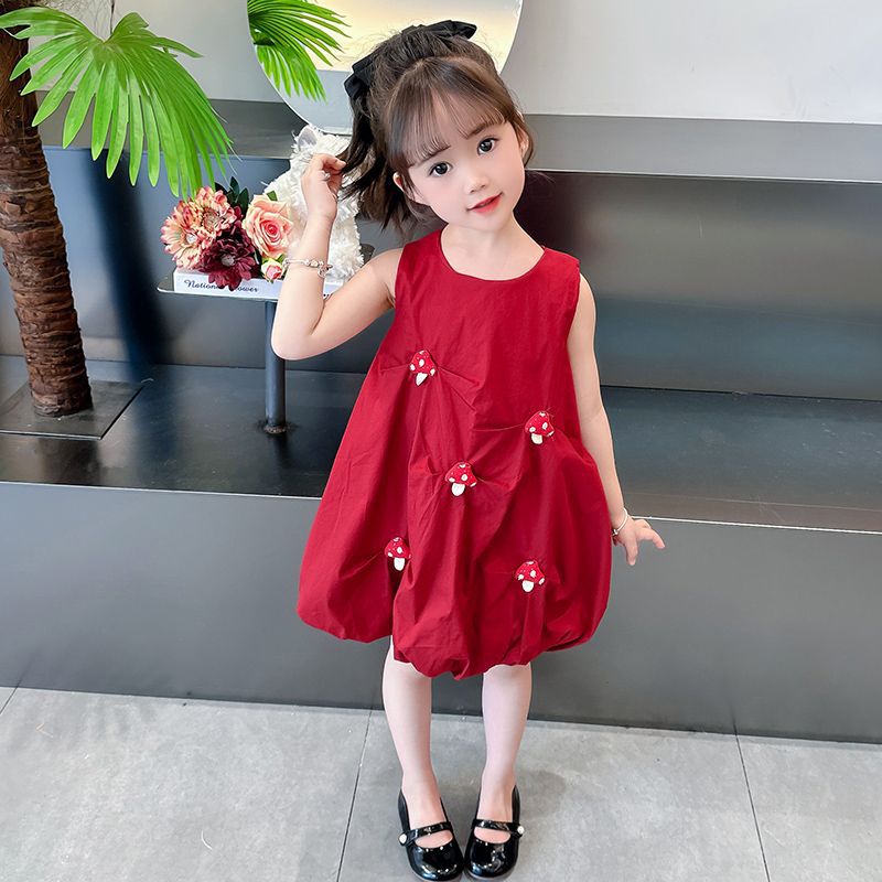 Girls Dress Summer Dress 2024 New Style Children's Red Flower Bud Dress Summer Baby Girl Sleeveless Dress Summer
