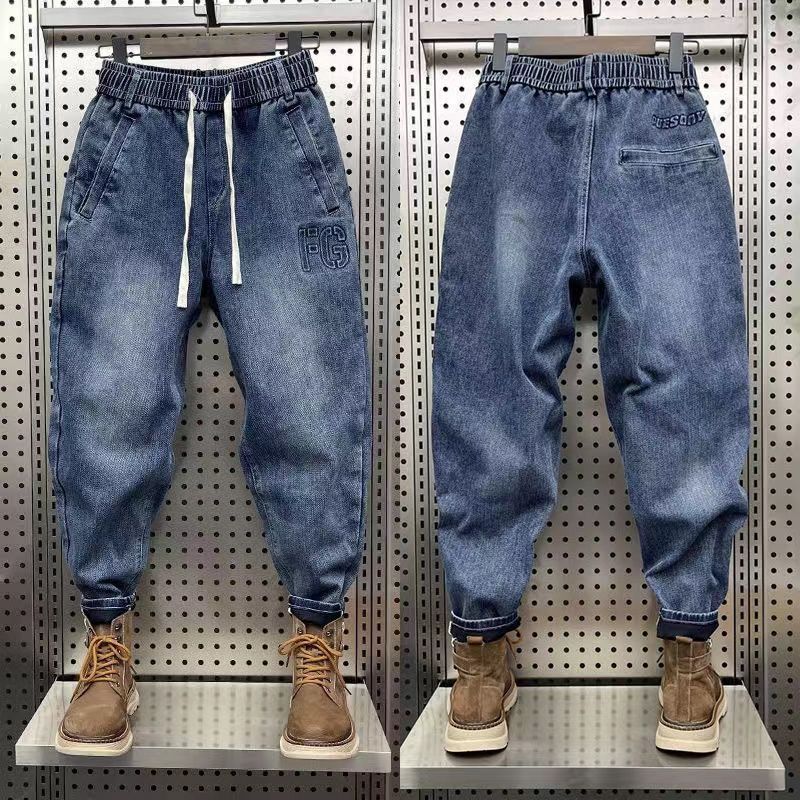 Drawstring tied denim jeans for men's 2023 summer new elastic loose Harlan leggings casual cropped pants_voghion.com