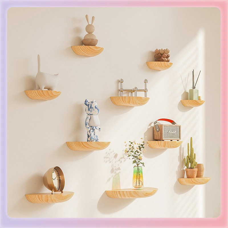 ✅ No Punching Semicircular Solid Wood Partition Wall Shelf Decoration Scandinavian Wall-Mounted Living Room Tv Wall Popular Home