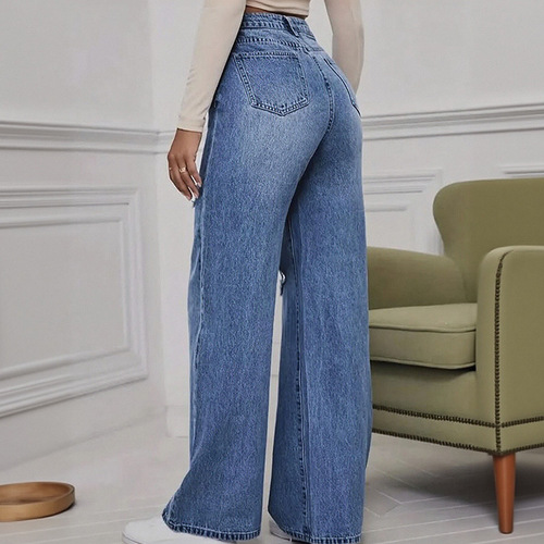 Spring and Summer European and American Style New Arrival Women's Loose-Fit Distressed Wide-Leg Casual Pants Long Trousers