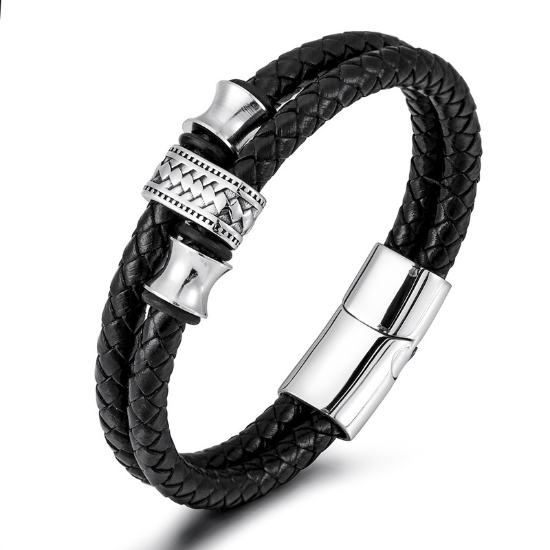 Cross-Border Men's real cowhide rope stainless steel bracelet wholesale European and American jewelry multilayer woven personality titanium steel leather bracelet