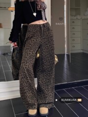 大码胖妹妹复古豹纹高腰阔腿牛仔裤女辣妹百搭直筒裤休闲拖地长裤