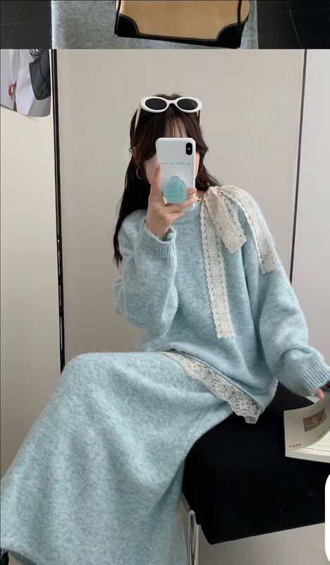 法式温柔风套装针织裙女秋冬大码胖mm蕾丝拼接毛衣半身裙两件套装|undefined
