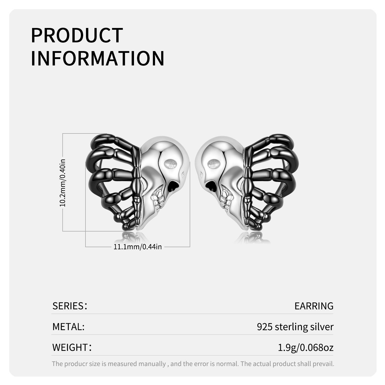 925 Sterling Silver Material Halloween Festival Heart Shape, Skull Pattern 1 Pair 925 Sterling Silver Heart Shape Skull Ear Studs