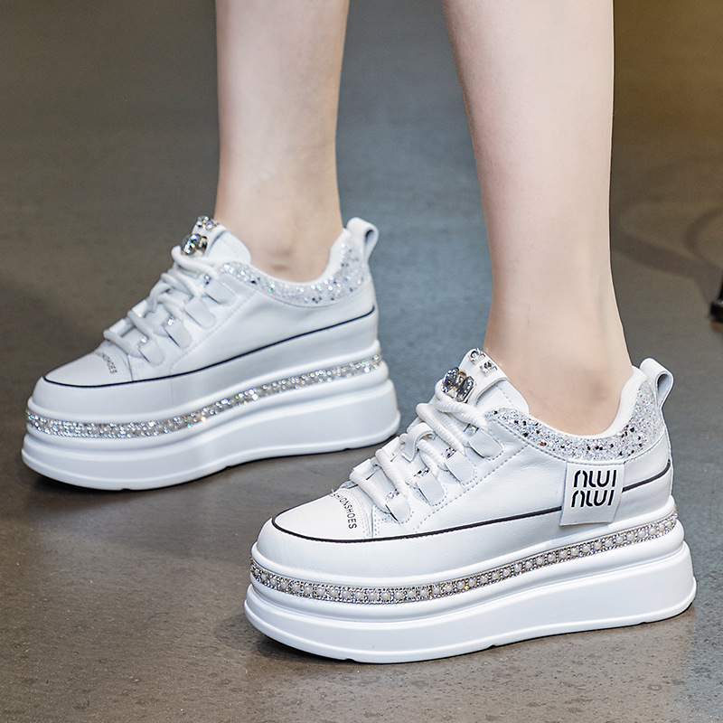 Cross-border small white shoes spring new thick-soled muffin increased cm rhinestone pearl leather casual versatile shoes