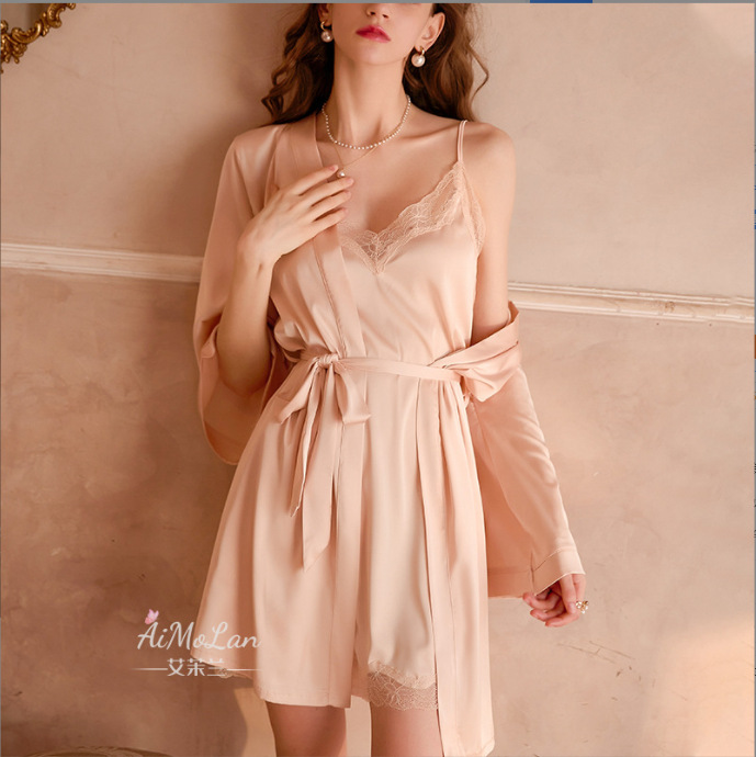 Princesa Oran pijama sexy mujer tentación de encaje primavera y otoño camisón verano seda de hielo falda delgada juego 76