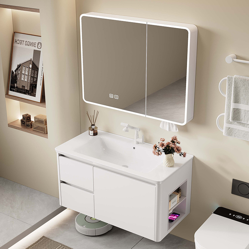 armario de baño de abeja de arco redondo con panel cerámico de almacenamiento abierto lateral integrado lavabo de lavado de cara lavabo de manos lavabo