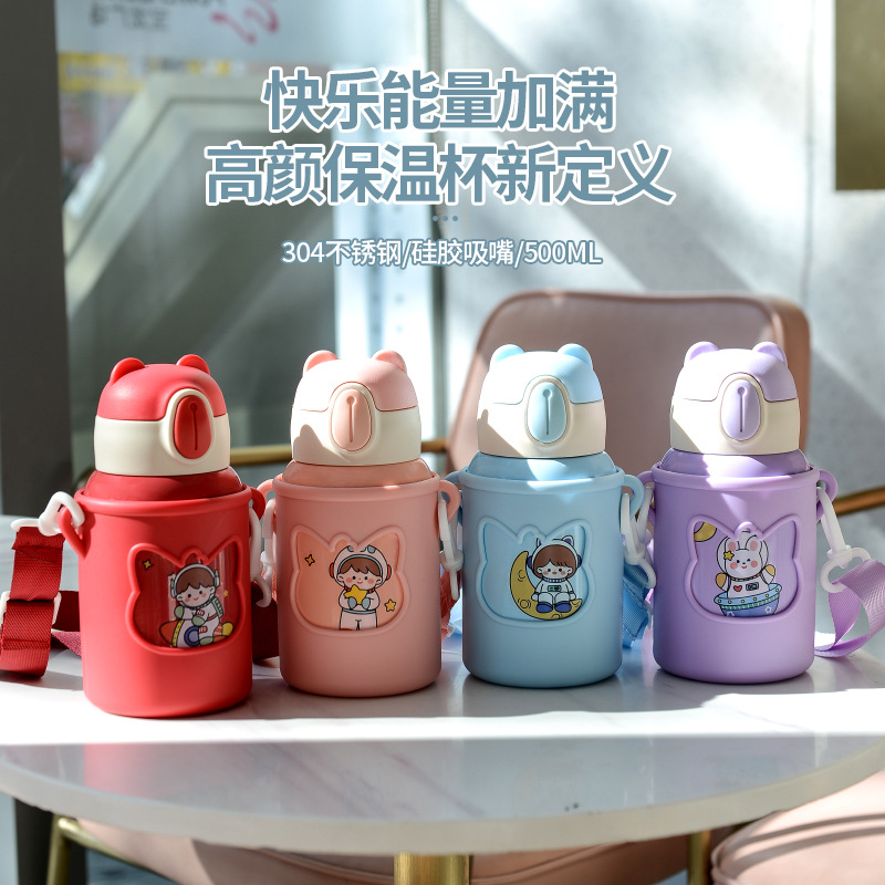 Taza de paja para niños Taza de dibujos animados de doble capa de acero inoxidable termo taza estudiante de hombres y mujeres cubierta de silicona termo de gran capacidad olla personalización