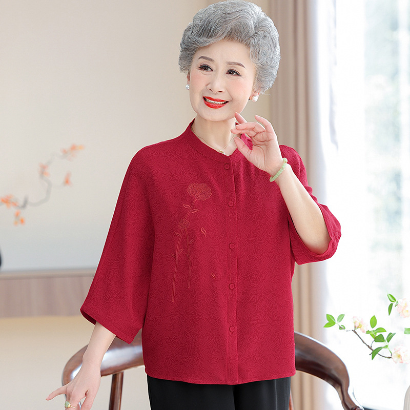 Mother's Summer New Plus Large Size Silk Shirt for Middle-aged and Elderly Women's Belly-Covering Slimming Short-Sleeved Happy Mother-in-Law Top Mother's Summer New Plus Large Size Silk Shirt for Middle-aged and Elderly Women's Belly-Covering Slimming Short-Sleeved Happy Mother-in-Law Top