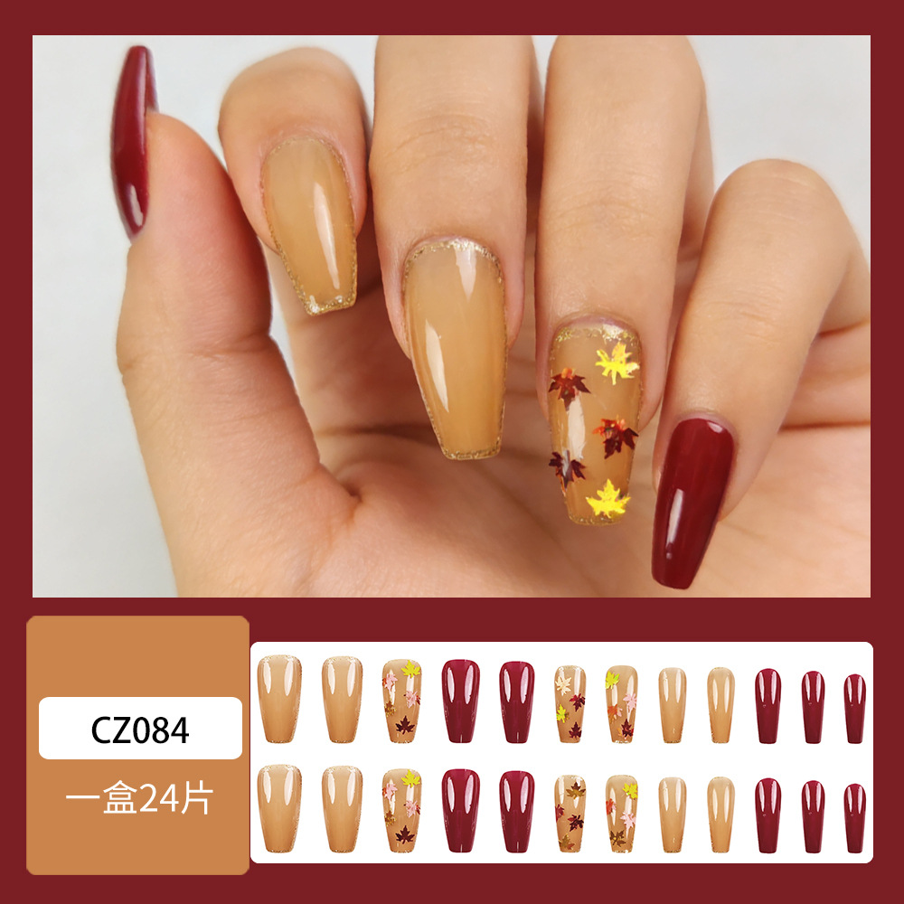 Otoño de color contrapeso oro de hoja de arce manicura comercio exterior polvo de brillo delicado para usar 24 piezas de parche de uñas falsas