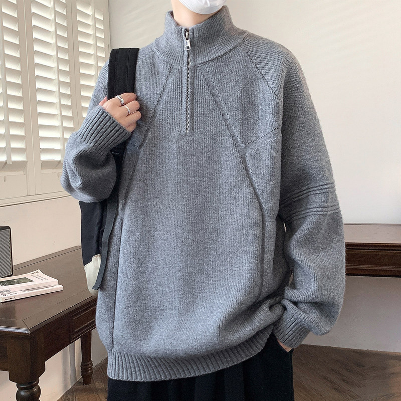 American retro half-zip sweater for men, autumn and winter, deconstructed patchwork, boxy fit, knitted top with ribbed stand-up collar American retro half-zip sweater for men, autumn and winter, deconstructed patchwork, boxy fit, knitted top with ribbed stand-up collar