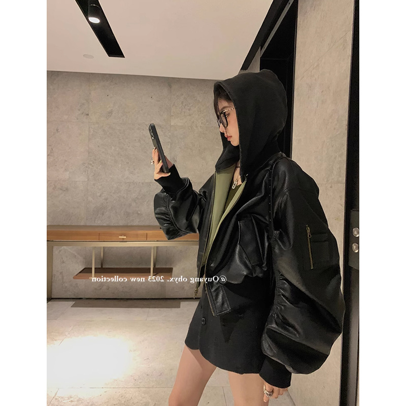 Ouyang Double-Sided Pu Leather Hooded Jacket for Women Winter New Thickeneded Quilted Retro Short Jacket Top