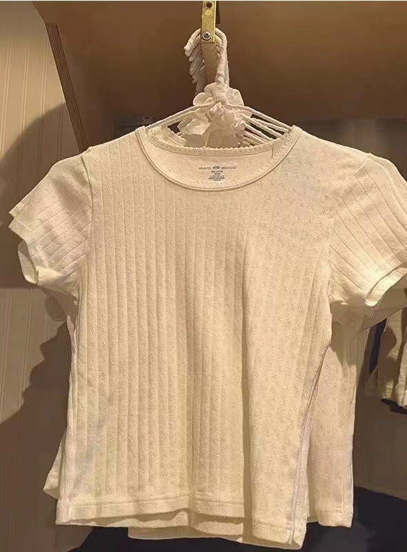 BM style women's clothing summer new American white lace round neck eyelet short sleeve slim bottoming T-shirt top