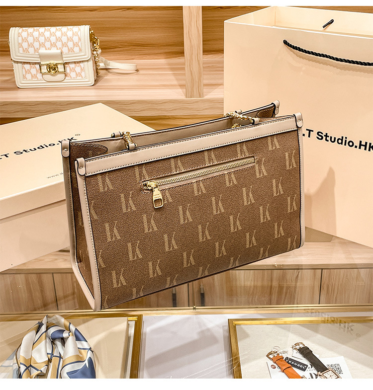 Túi tote da thật dây xích nữ sức chứa lớn đeo vai chéo — Màu nâu nhạt chi tiết 8