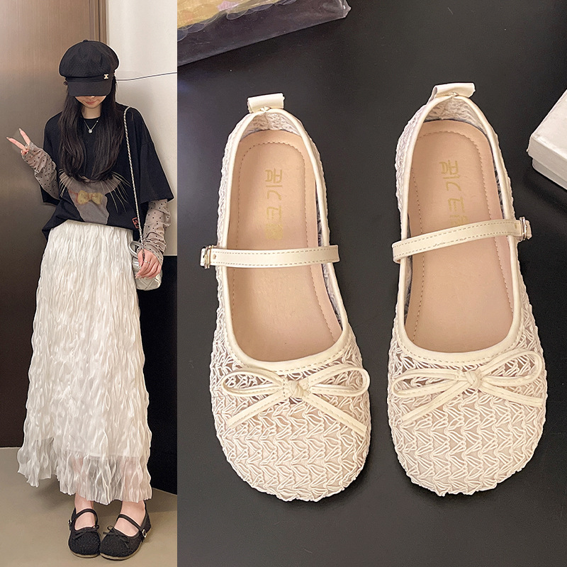 法式编织镂空玛丽珍鞋女2026春季新款蝴蝶结一字带浅口单鞋配裙子