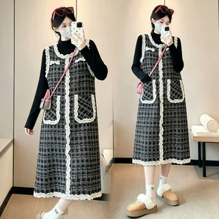 现新款孕妇装法式小香风套装简约打底衫＋复古撞色孕妇背心裙