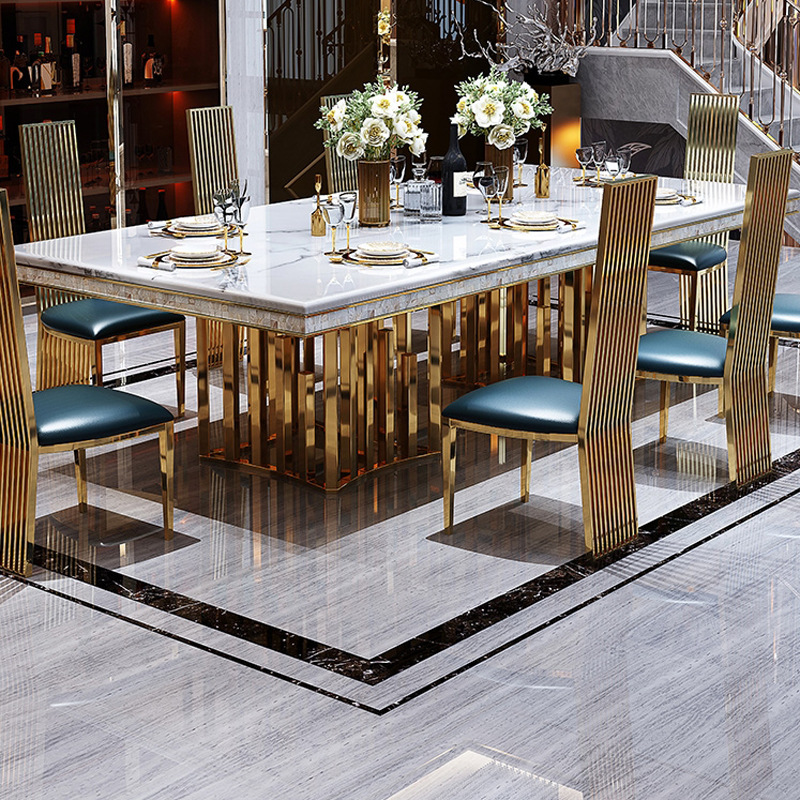 Light Luxury Marble Dining Table Household Large and Small Apartment Dining Table Stainless Steel Rectangular Light Rock Plate Dining Table and Chair Combination