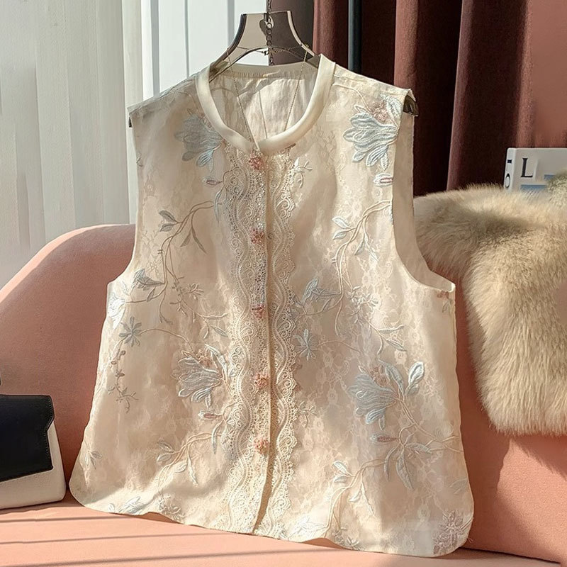 New Chinese Style Vest with Retro Heavy Embroidery Lace Organza Sleeveless Vest Layered Outerwear for Women in Spring