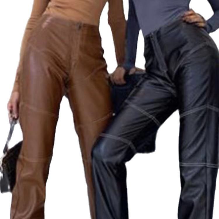 2023 AliExpress Amazon nuevo bolsillo de las mujeres pantalones de cuero rectos pantalones casuales a rayas retro pantalones INS para las mujeres image 6