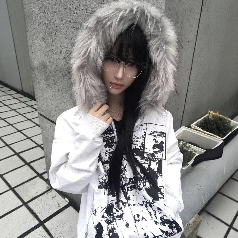 American High Street Hooded Sweatshirt Cardigan Women's Autumn and Winter Velvet Subculture Fur Collar Zipper Jacket Personalized Trendyy Top