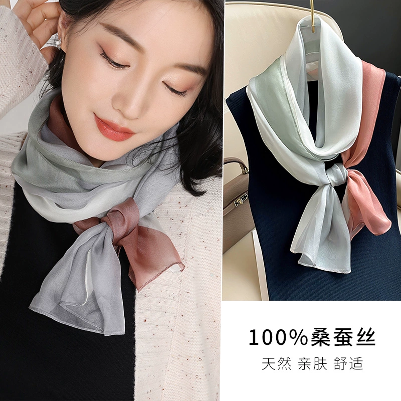 Шелковый шелковый шарф маленький длинный шарф 2025 новый узкий шарф женский летний тонкий шейный укрытие шеи солнцезащитный крем летом