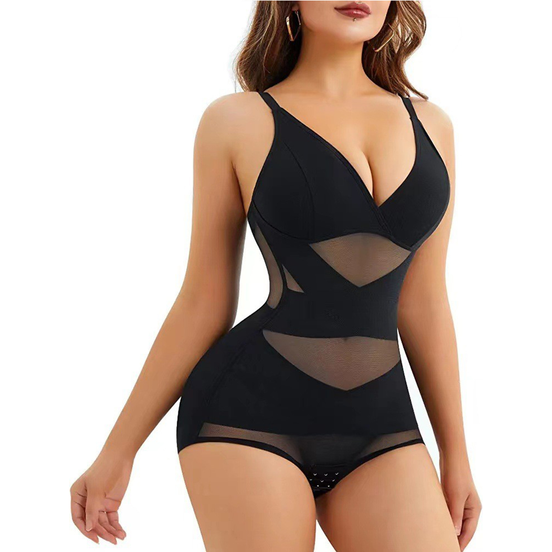 Shapewear V Neck Jumpsuit Light Shaping Tummy Control Butt Lifting Body Shaping Corset Gathering Breast Support Corset Mesh