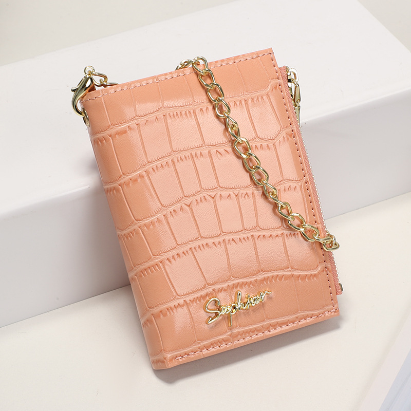 Cartera de mujer con estampado de cocodrilo, bolso multifuncional de tarjeta PU plegable, cadena de mano, bolso de cambio ligero, corto y de alta calidad.