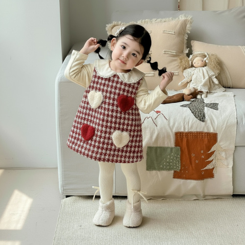 Women's Fleece Lined Dress with Heart Print for Winter, A-Grade Korean Style Baby Girl Thick Plaid Dress, Size AQ077