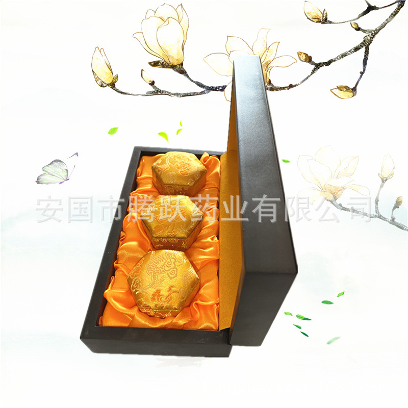 Hexagonal Brocade Gift Box Red Yellow Satin Lined Acrylic Empty Display Case for Herbal Honey Pills key features