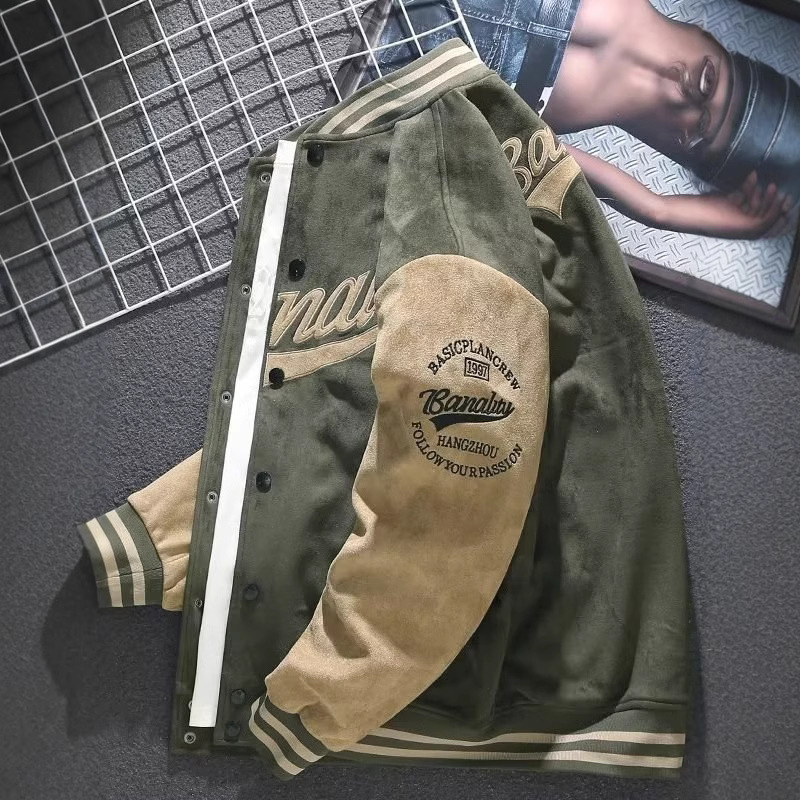 Cross-Border Suede Baseball Jacket for Men, Autumn and Winter American Retro Style Embroidered Loose Towel Velvet Pilot Jacket
