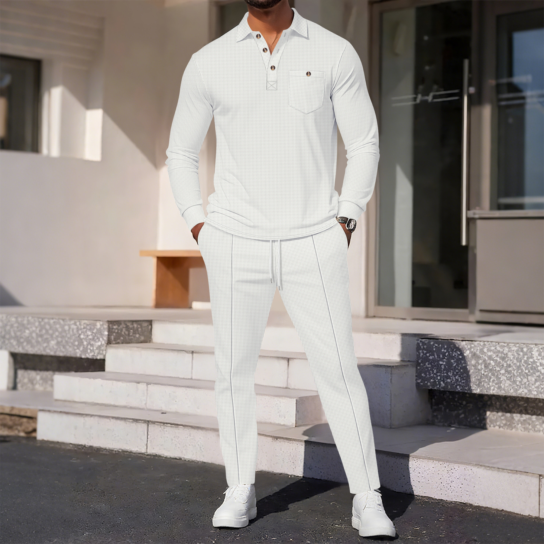 Plus Size Men's Long Shirt And Trousers Suit Solid Color Waffle Knit Casual Lapel Trendy_voghion.com