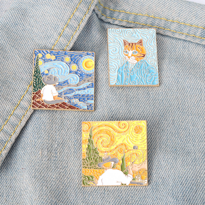 New Oil Painting Alloy Brooches Creative Van Gogh Starry Sky Geometric Pattern Modeling Paint Brooch display picture 11