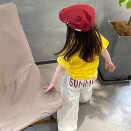 夏季童装两件套装~卡通印花纯棉短袖T恤男女儿童宝宝白色阔腿长裤