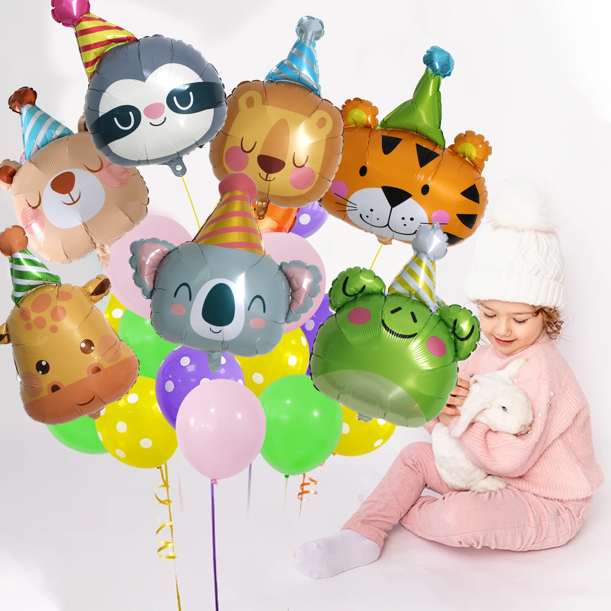 Globos de aluminio de gorros de cumpleaños (jirafa, tigre, oso, rana, perezoso)
