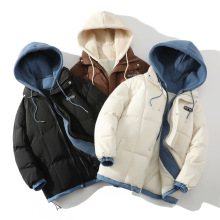 2025冬季新款男士潮流假两件连帽棉衣潮流加厚棉服个性棉袄情侣款