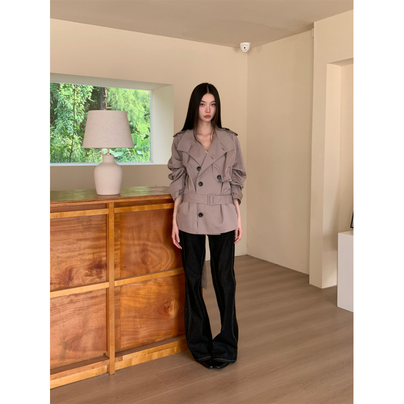 High Cotton Content Twill Adjustable Stand Collar Epaulet Buttoned Cocoon Sleeve H Silhouette Short Trench Coat Mid-Length Jacket Autumn