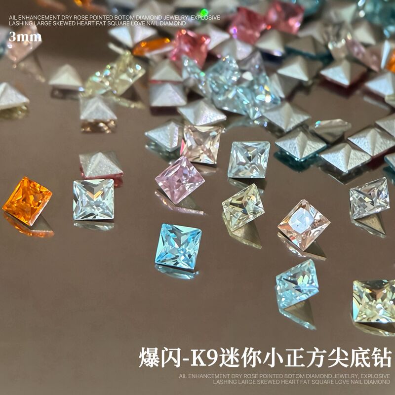 Sparkling K9 small square nail art rhinestones, Japanese popular colorful 3mm mini square pointed-back rhinestones for wearable nail accessories Sparkling K9 small square nail art rhinestones, Japanese popular colorful 3mm mini square pointed-back rhinestones for wearable nail accessories