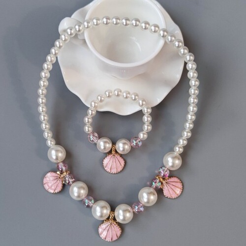Children's fish tail necklace and bracelet set, pearl necklace, cartoon pearl shell