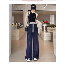 天丝软牛仔裤女夏季薄款拼接高腰腰头休闲长裤宽松垂感阔腿弯刀