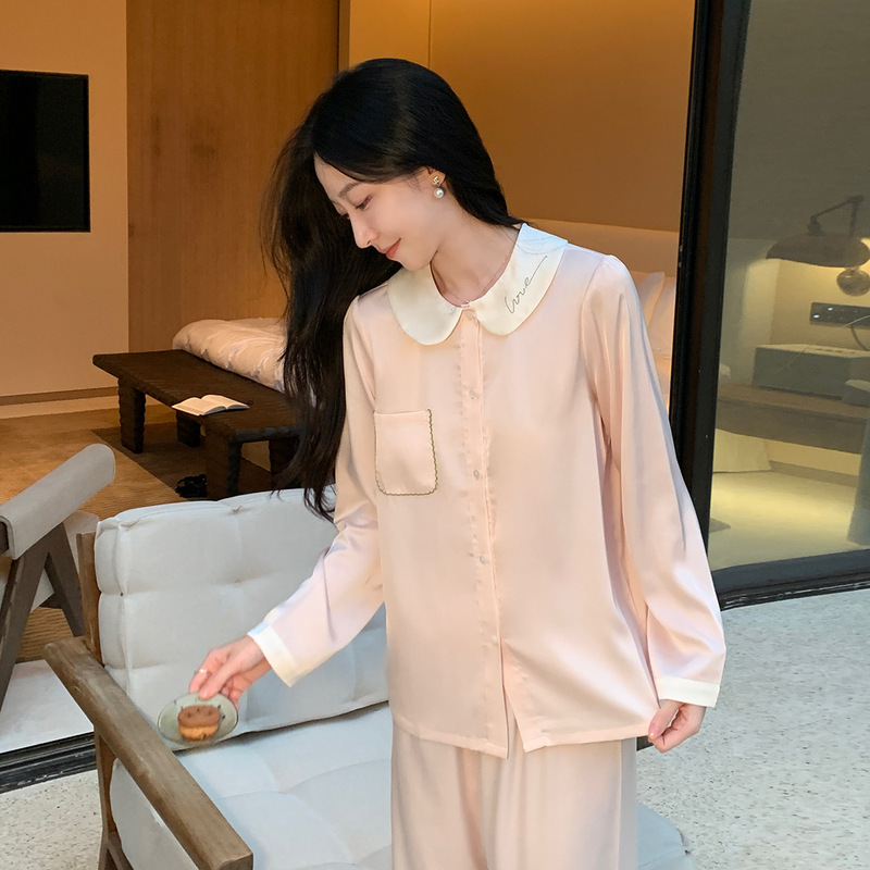 2025 Doll Collar Cute and Soft Ice and Snow Silk Long-Sleeved Pants Pajamas for Women Spring and Autum Satin Home Wear Set New 2025 Doll Collar Cute and Soft Ice and Snow Silk Long-Sleeved Pants Pajamas for Women Spring and Autum Satin Home Wear Set New