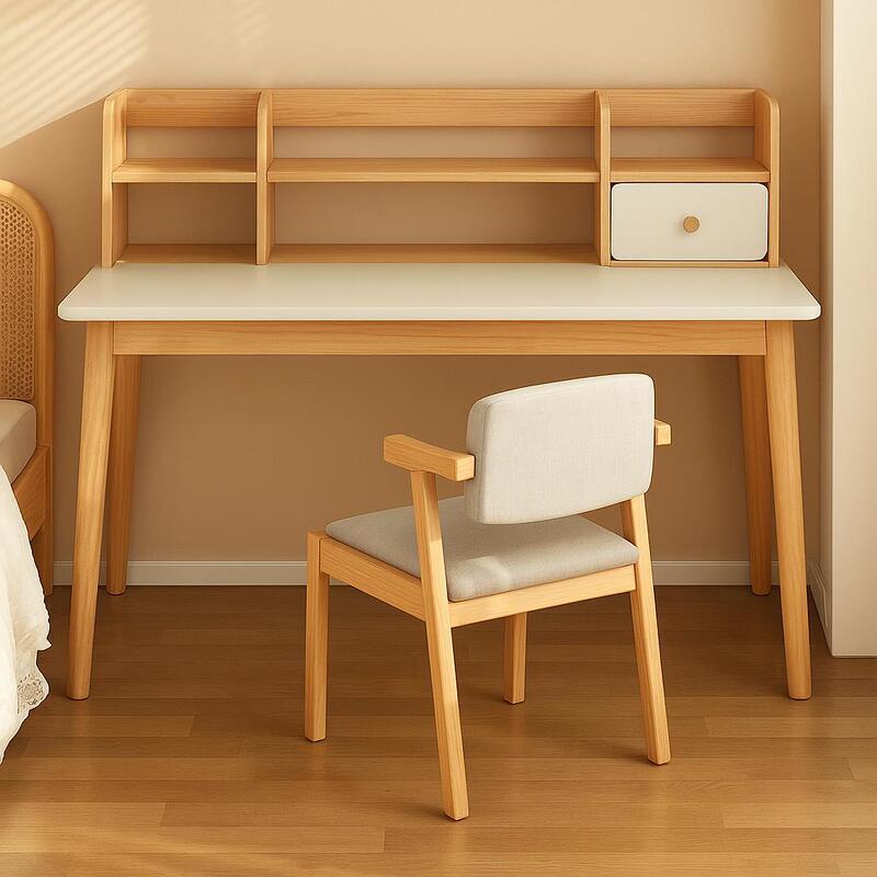 Desk Bookshelf Integrated Table Girls Bedroom Home Computer Table with Drawers Solid Wood Legs Wall Student Study Table