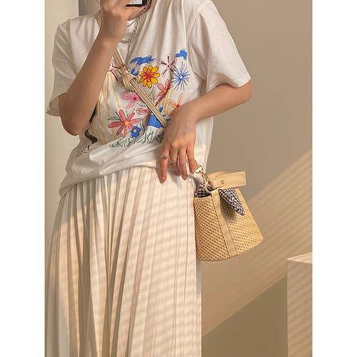 Shengda 2024 new style bucket straw bag for women, fashionable and versatile design, single shoulder crossbody, foreign style straw handbag