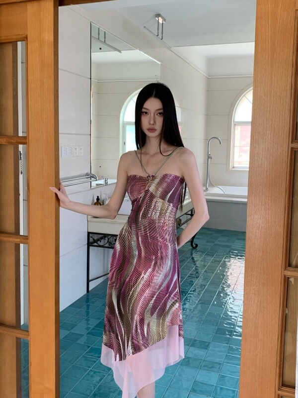 Psychedelic Print Hippie Style Strappy Beaded Irregular Suspender Backless Dress for Women Summer