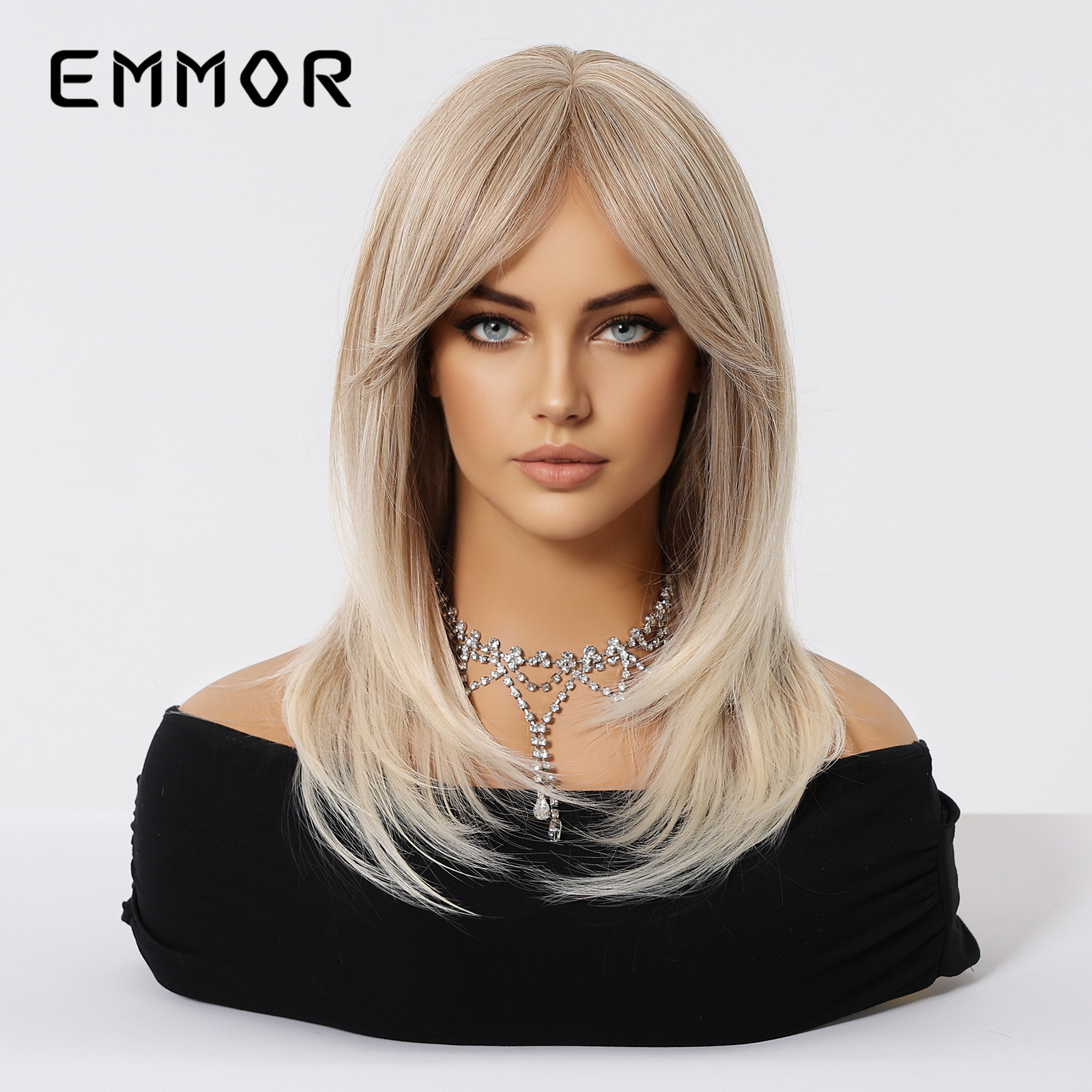 Peluca de mujer forma de cabello largo cubierta de cabeza completa natural Estilo de celebridad de Internet cara redonda clavícula Pelo Largo simulación de reducción de edad Peluca de longitud media