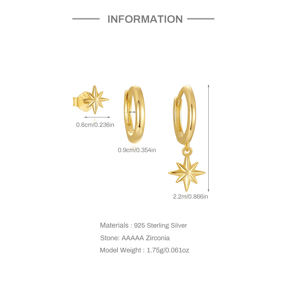 5g Weight 925 Sterling Silver Ear Needle Material Earrings Classification 3 Pieces Quantity Holiday, Travel, Selfie Occasion 925 Sterling Silver Material Geometric, Star Pattern Women's Gender Plating Design Simple Style Style 3 Pieces 925 Sterling Silver Geometric Star Earrings 无