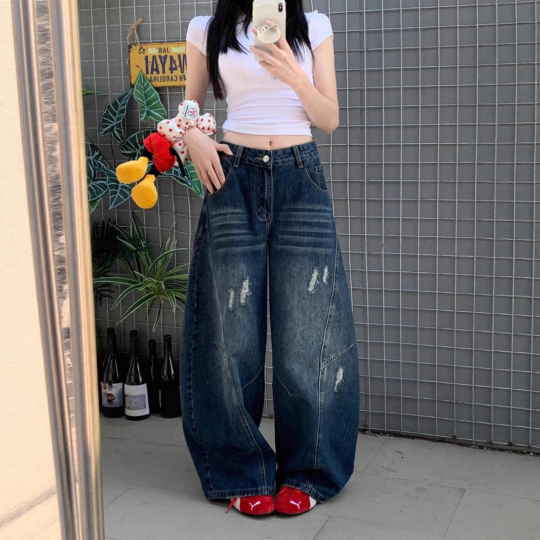남성용 아메리칸 실루엣 세이버 찢어진 청바지, 루즈한 디컨스트럭티드 워싱 워크웨어 와이드 팬츠, 트렌디한 슬리밍 드레이프 팬츠